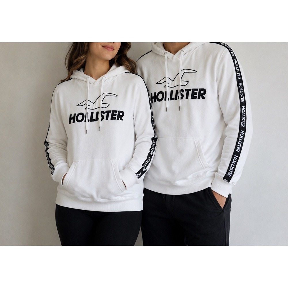 Hollister California White Logo Hoodie Tape Sleeve Unisex Sweatshirt Size M